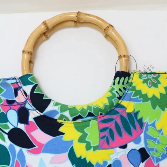 NEW Talbots bamboo handle canvas tote wooden shopper maximalist boho beach color - Picture 10 of 10